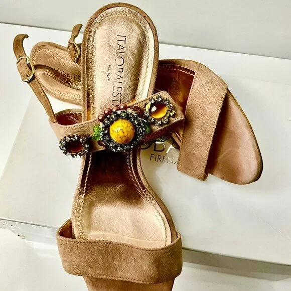 Vintage ITALOBALESTRI Suede Sandals Heels Cipria Pink Beaded Detail Size EU 39